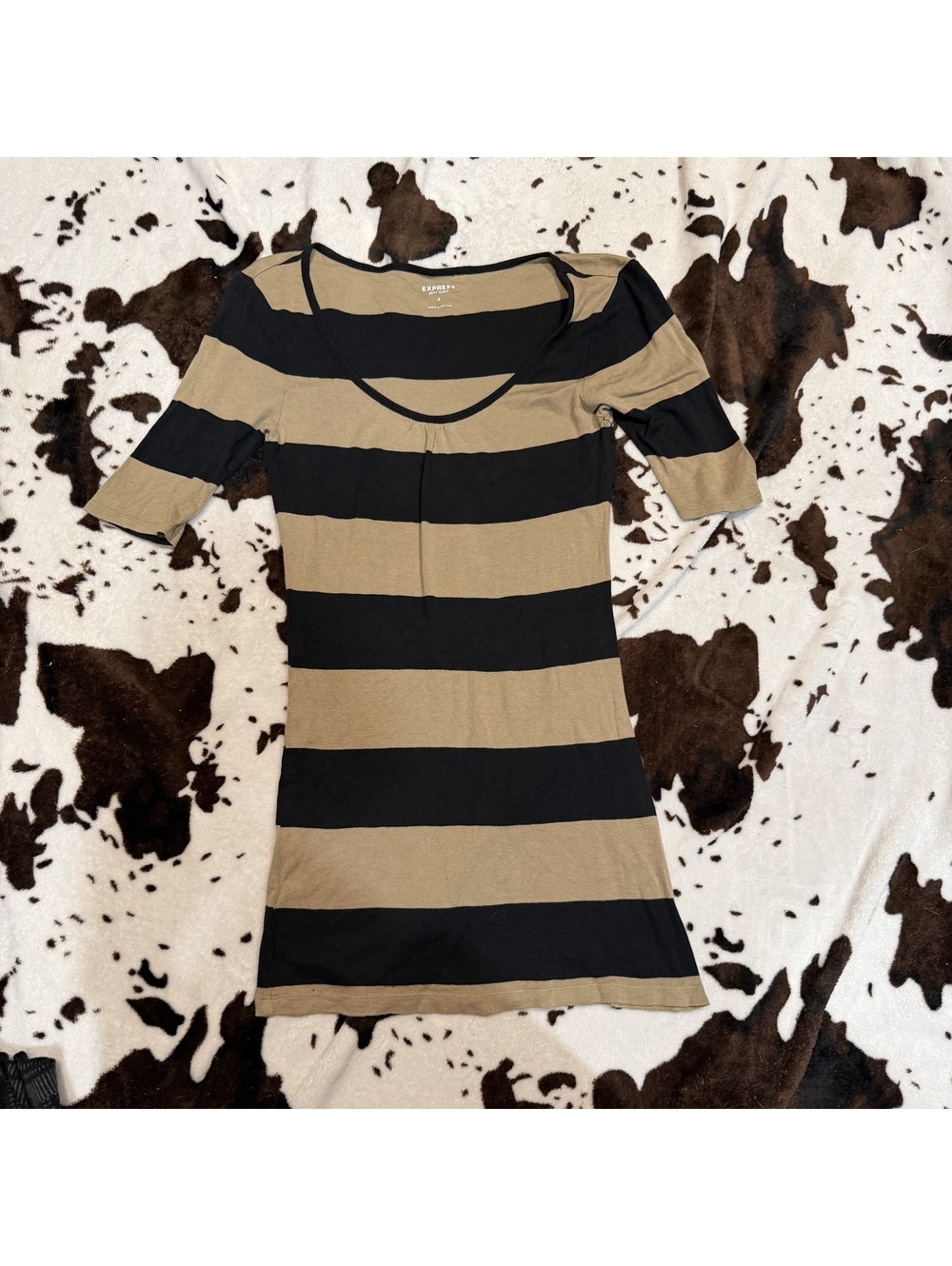 Express Sexy Basic Tan Black Striped Bodycon Mini Dress Medium Y2k